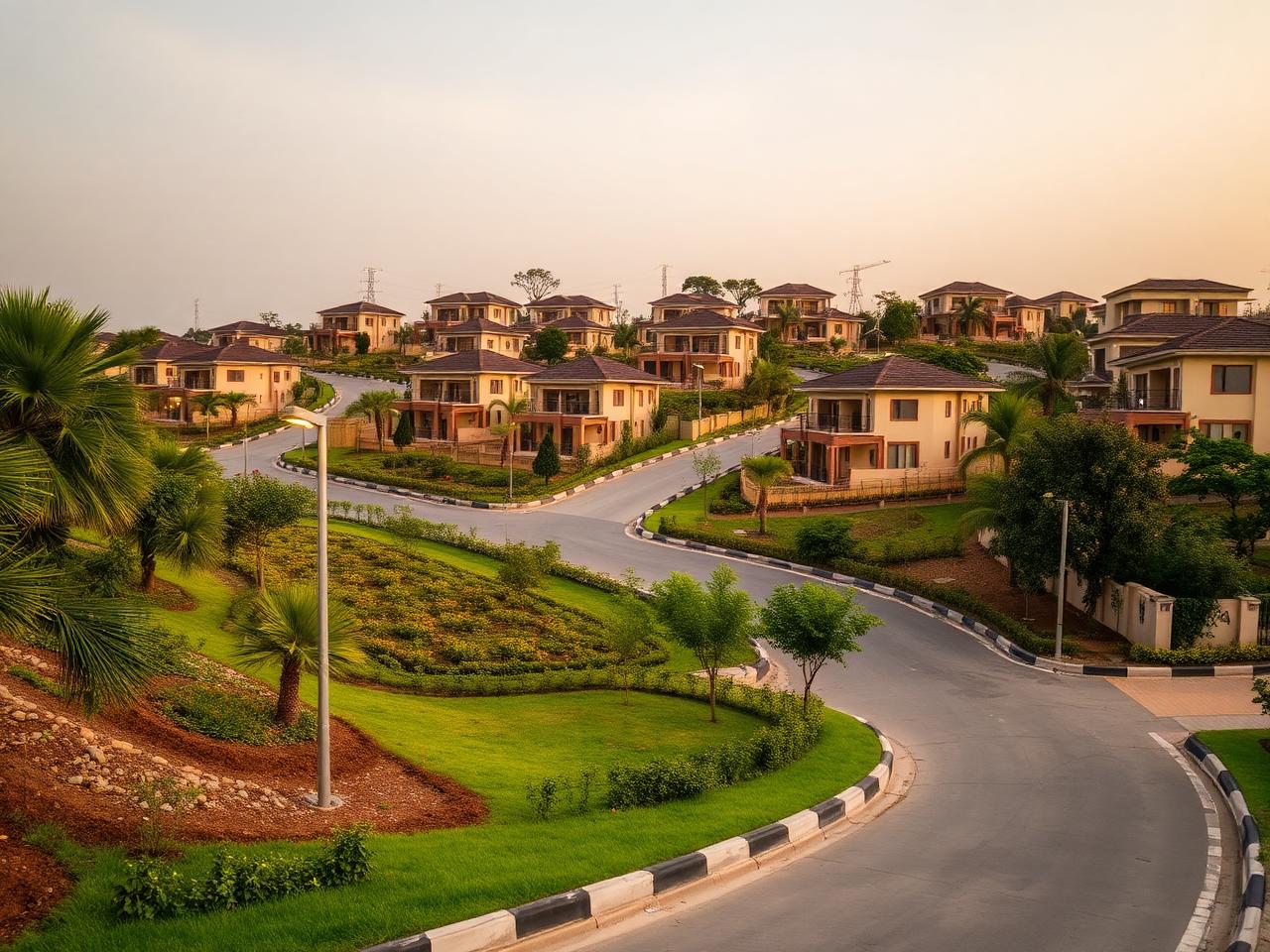Landscaped roads inside a gated Abuja estate at dusk